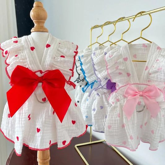 Summer Dog Dress Thin Bow Heart Print.