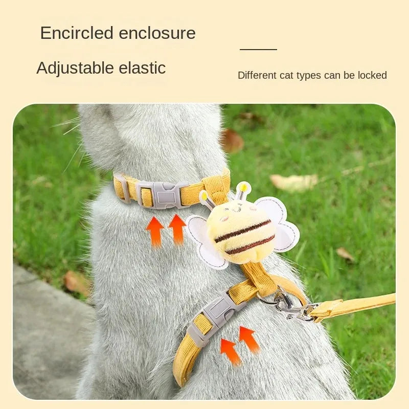 Adjustable Cartoon Bee Double Layer Cat Harness and Leash Set.