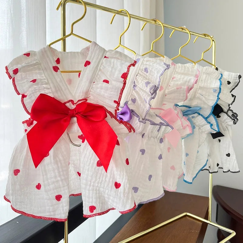 Summer Dog Dress Thin Bow Heart Print.