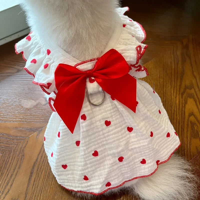 Summer Dog Dress Thin Bow Heart Print.