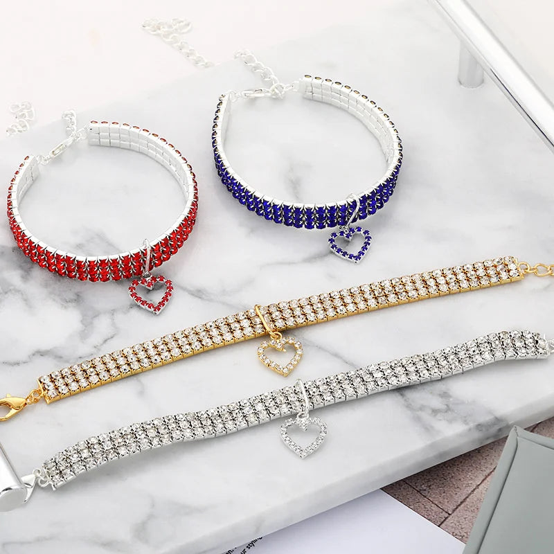 Three-Row Elastic Rhinestone Pet Collar - Decorative Necklace for Cats and Dogs
