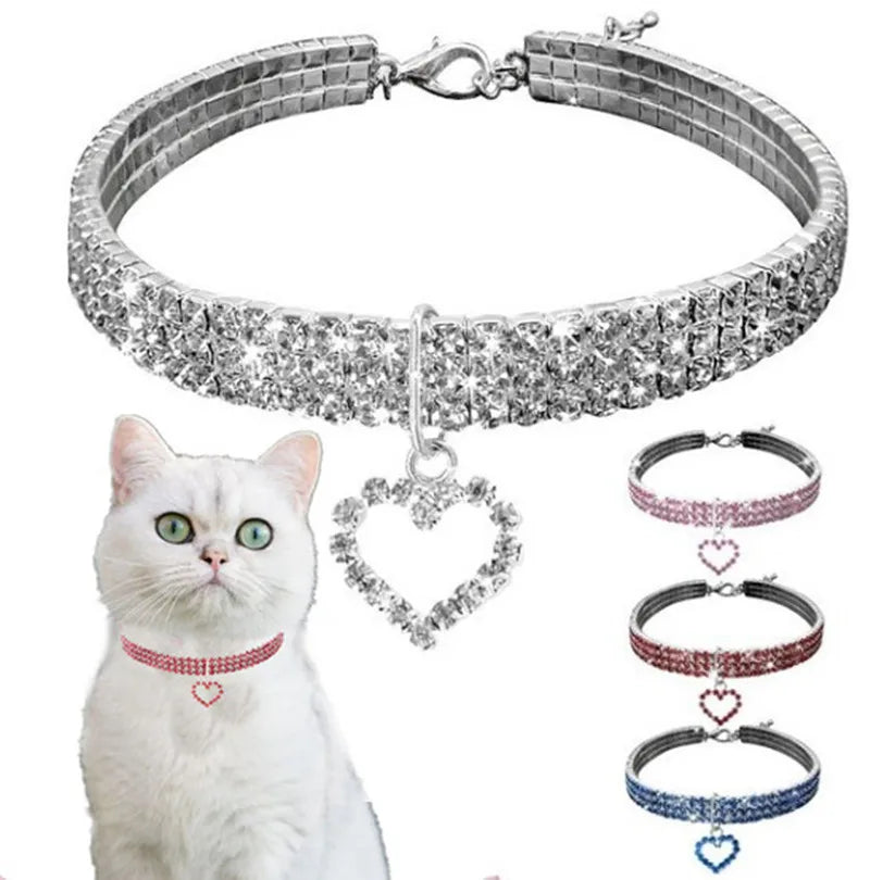 Three-Row Elastic Rhinestone Pet Collar - Decorative Necklace for Cats and Dogs