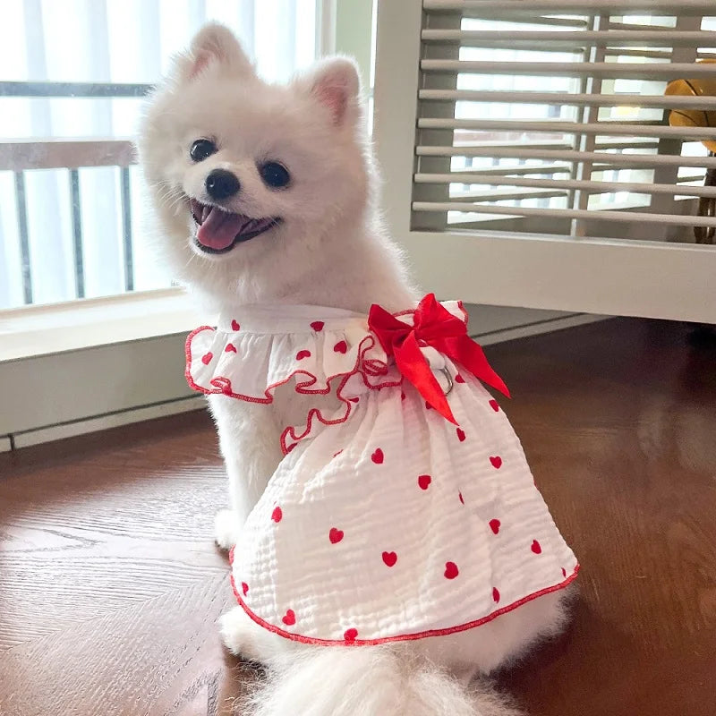 Summer Dog Dress Thin Bow Heart Print. 